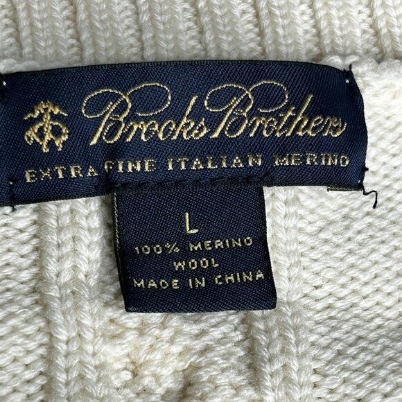 Brooks Brothers Sweater Mens Large Ivory Black Cable Knit Fair Isle Merino Wool - Picture 3 of 13